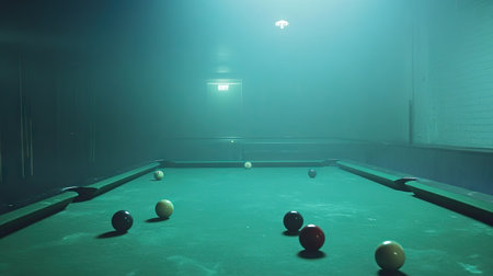 A green snooker table with scattered balls, softly lit and surrounded by a misty atmosphere, creating a suspenseful ambiance.の素材