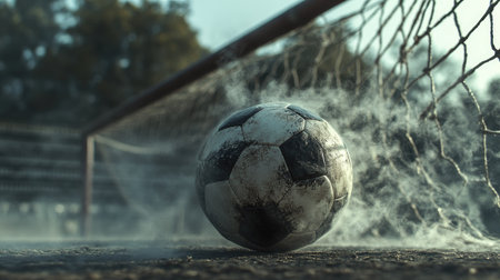Close-up of a soccer ball in a goal net, with misty steam and empty stadium seats in the background, creating a cinematic feel.の素材