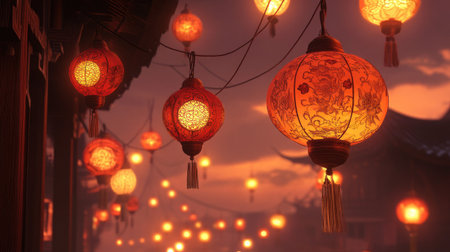 Close-up of intricately designed Chinese lanterns glowing warmly, with traditional patterns celebrating the Lunar New Year season.の素材