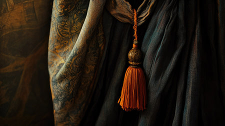 Draped curtain with a tassel tieback, capturing fine textures and the flow of the fabric in an upscale, intimate setting.の素材
