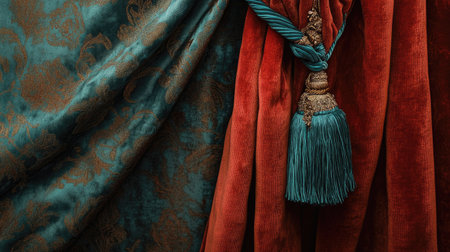 Close-up of a velvet curtain in rich color, held by an intricate tassel tieback, highlighting fine texture and elegant craftsmanship.の素材