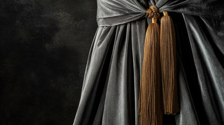 Elegant drapery with a golden tassel tieback, with subtle shadow play highlighting the delicate material and refined details.の素材