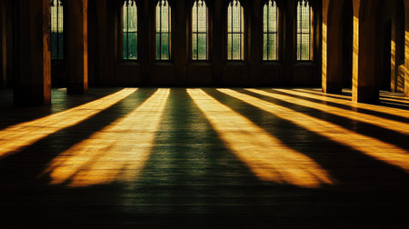 Elegant, empty room featuring smooth oak wood flooring with light streaming in, casting gentle shadows that emphasize the wood's natural beauty.の素材