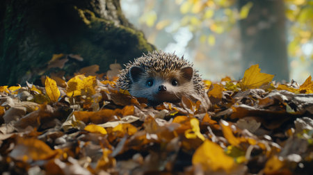 Adorable hedgehog peeking out from a pile of leaves, with a tiny nose and bright eyes, blending perfectly with the forest floorの素材