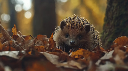 Adorable hedgehog nestled in dry leaves, with its small nose twitching and tiny paws resting on a natural forest floorの素材