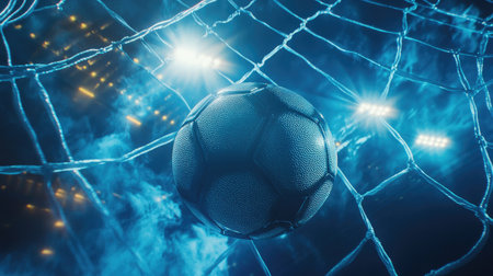 Soccer ball in net with subtle steam, illuminated by bright lights in a silent stadium, creating a mood of triumph and anticipation.の素材