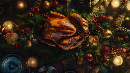 Festive holiday table with a roasted turkey as the centerpiece, surrounded by holiday greens, candles, and Christmas ornaments.の素材