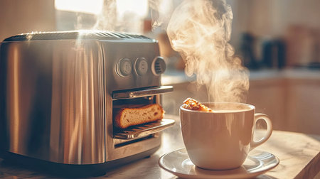 Stainless steel toaster with toast slices half-visible, with coffee steaming next to it, creating a cozy breakfast scene.の素材