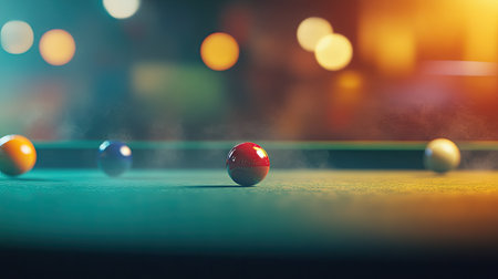 Snooker balls in motion on the table, captured with gentle mist rising, evoking the energy and drama of the game.の素材