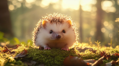 Cute hedgehog sitting on mossy ground, exploring its surroundings with bright eyes and a soft, charming expression under warm, natural lightの素材