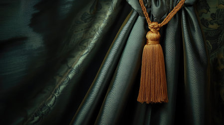 Silk curtain with a beautiful tassel tieback in close detail, showcasing intricate weaving and soft, elegant drapery.の素材
