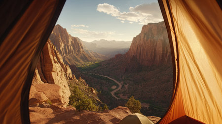 The view from inside a tent captures towering mountains and a winding trail below, perfect for capturing the spirit of adventure and exploration.の素材