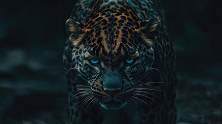 Close-up of a leopard's face with fierce eyes, the intense stare showcasing its wild and captivating natureの素材