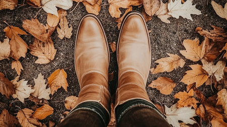 Close-up of a woman's boots on a path scattered with autumn leaves, highlighting the golden tones and crisp textures of the seasonの素材