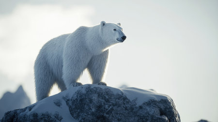 Close-up of a big polar bear standing on a rock, with its white fur glowing in the soft winter light against a clear, bright skyの素材