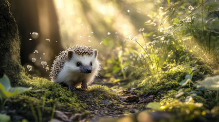 Curious hedgehog on a mossy forest path, surrounded by small plants and earthy textures, with sunlight filtering throughの素材
