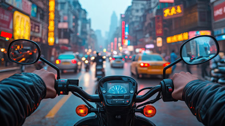 Focused view on a man's hand adjusting the controls of an electric scooter, with a busy street scene in the backgroundの素材