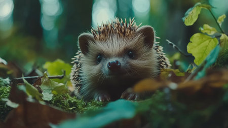 Cute hedgehog on a natural forest floor, nestled among green leaves and twigs, with its small nose sniffing the surroundingsの素材