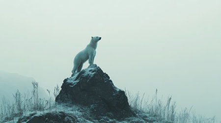 A majestic polar bear stands on a rock in the midst of a snowy field, captured against a pale, overcast skyの素材