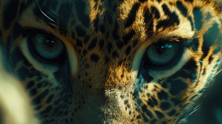 Close-up of a leopard with a mesmerizing, focused gaze, each detail of its patterned fur and intense eyes sharply definedの素材