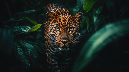 Close-up of a leopard with an intense stare, its golden eyes and detailed fur pattern striking in sharp focusの素材