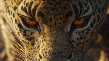 Close-up of a leopard with an intense stare, its golden eyes and detailed fur pattern striking in sharp focusの素材