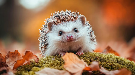 Small hedgehog exploring a natural setting with autumn leaves, standing on a mossy patch and looking around with bright, curious eyesの素材