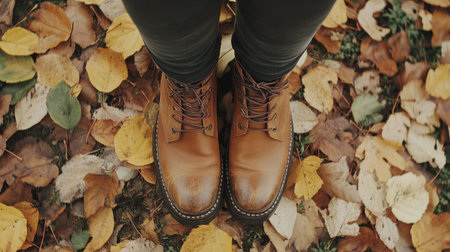 Close-up of female legs in leather boots standing on a bed of colorful autumn leaves, showcasing textures and fall hues on a crisp dayの素材