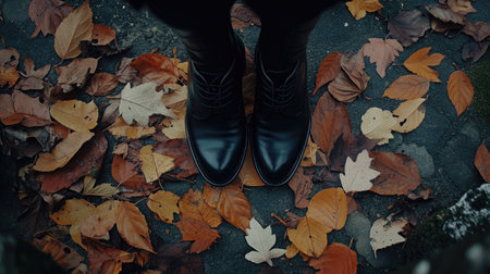 Female boots among scattered leaves on a crisp autumn day, with close-up details of textures and rich seasonal colorsの素材