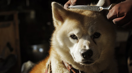 Groomer trimming fur around dog's face with scissors, highlighting precision and dog's relaxed expression in a welcoming salonの素材