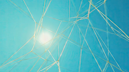 Low-angle view of electric cables stretching across a clear blue sky, intersecting and creating a dynamic geometric patternの素材