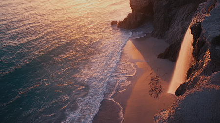 Sunset over a tranquil ocean beach with a waterfall streaming from a cliff, warm colors reflecting on the waves and sandy shoreの素材