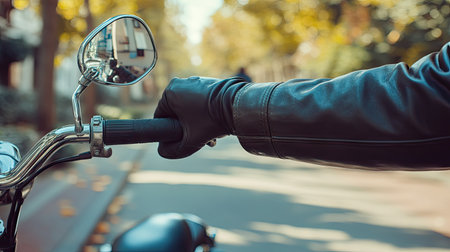 Zoomed-in image of a man's hand gripping the scooter handle, capturing texture and details of the handlebar in bright outdoor lightingの素材