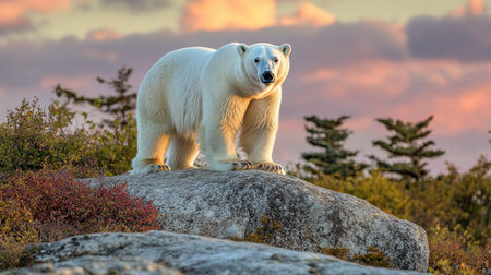 Powerful polar bear standing on a rock, its thick fur glowing in the winter sun, with a dramatic sky aboveの素材