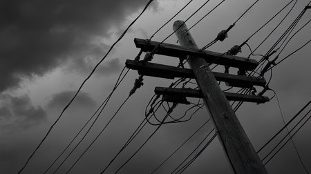 Intersecting power lines photographed from a low angle, set against a stormy, gray sky for a dramatic lookの素材