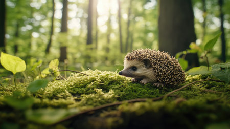 Little hedgehog on a forest floor, nestled among twigs and moss, with its nose sniffing the surroundings in a calm, natural settingの素材