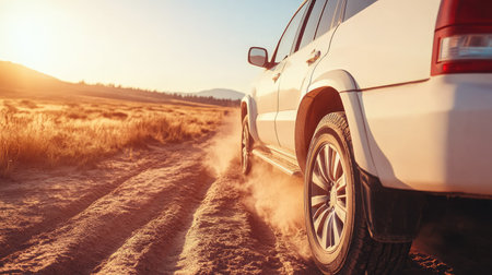 SUV navigating through the dusty desert, with wheels kicking up clouds of sand and the sun casting shadows on the dry groundの素材