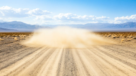 Vehicle driving through an empty desert landscape, leaving a trail of dust against the dry, sandy terrain under an endless blue skyの素材