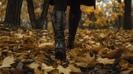Woman in leather boots walking through a pile of autumn leaves, with golden tones and scattered foliage on a bright fall dayの素材