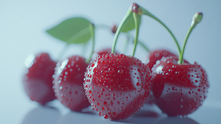 A group of ripe cherries covered in water droplets, showing their glossy, rich red color and freshness, on a plain white surface.の素材