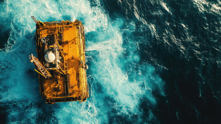 Aerial view of an offshore drilling rig in the middle of the ocean, with deep blue water surrounding the massive structure, isolated and resilient.の素材