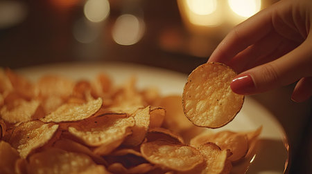 A hand carefully picking up a crunchy potato chip from a plate, with crispy layers of chips in warm lighting.の素材