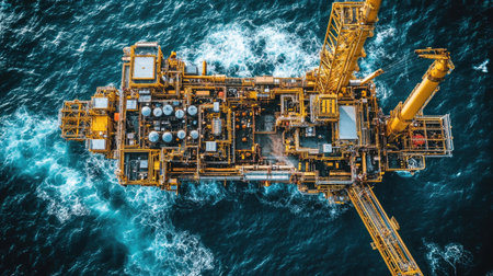 Aerial shot of an offshore rig in the open ocean, with gentle waves surrounding the platform, isolated in its vast water surroundings.の素材