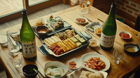 Assortment of Korean side dishes and a bottle of soju on a table, featuring kimchi, pickles, and small plates with sauces.の素材