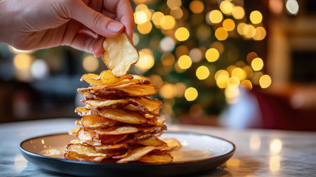 Close-up of a hand lifting a chip from a plate stacked with golden, crispy potato chips, in a cozy, warm setting.の素材