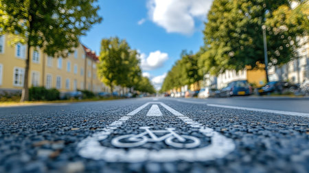 Close-up of a bike lane in a city, featuring white markings for direction and bike symbol on smooth asphalt.の素材