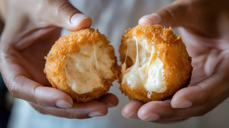 Close-up of hands pulling apart a cheese ball, with melted cheese stretching between halves and a golden-brown crust.の素材