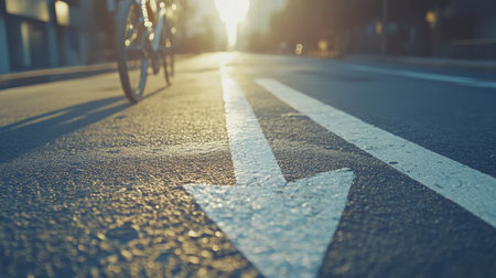 Close-up of one-way bike lane marking, featuring white arrow and bike icon on a sunlit city street.の素材