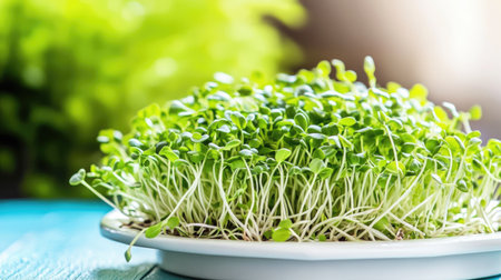 Bean sprouts piled high on a white plate, capturing their crisp stems and delicate green leaves, perfect for a healthy food concept.の素材