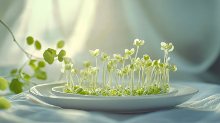 Bean sprouts on a ceramic plate, showcasing their delicate white and green colors in a clean, natural setting, perfect for healthy food themes.の素材